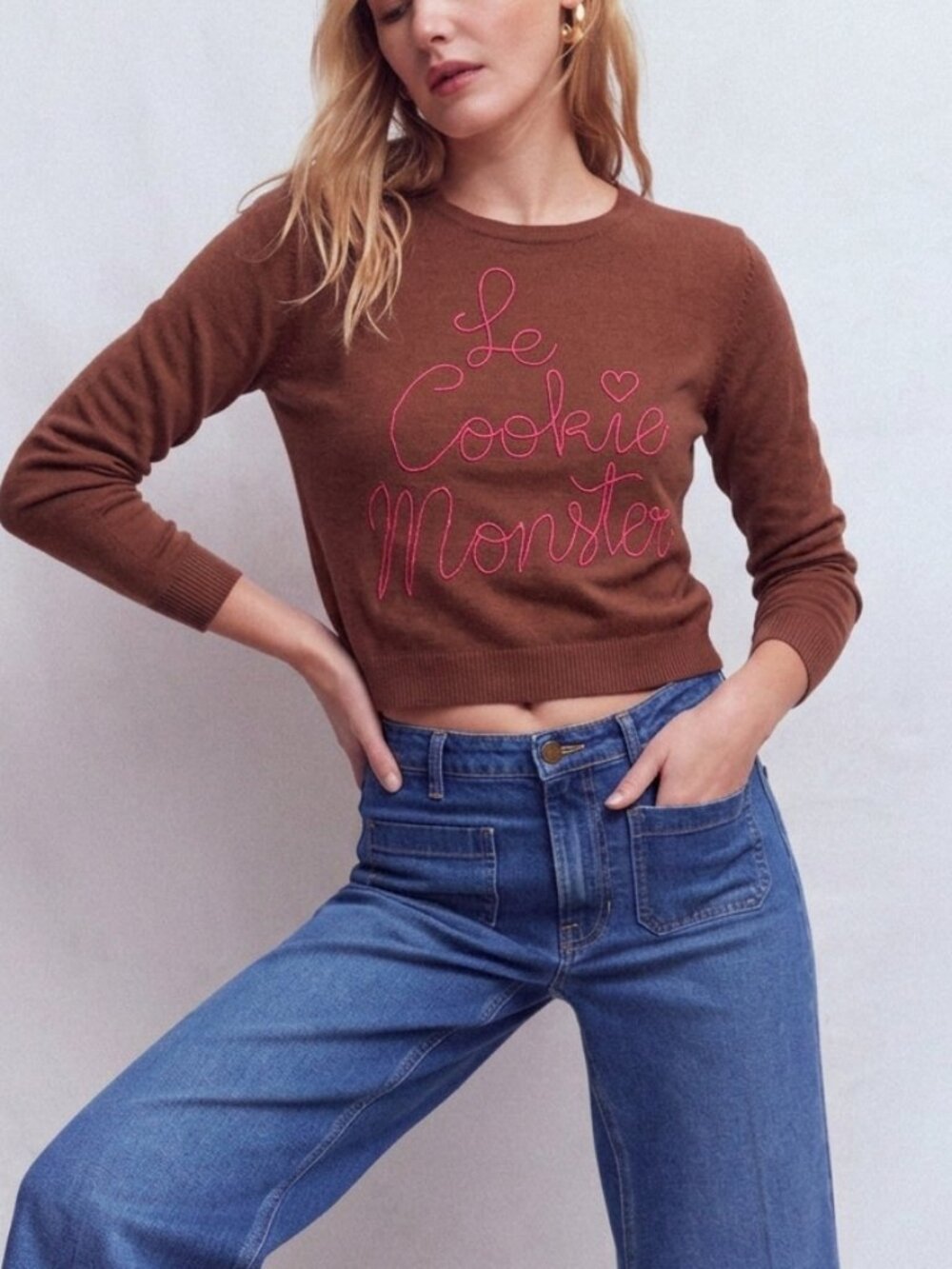 Kling Cropped Brown Sweater Pink "Le Cookie Monster" Embroidery Size M